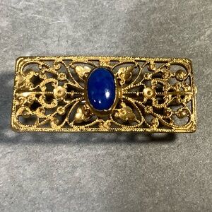 Elegant Gold tone and Blue stone, Filigree Brooch